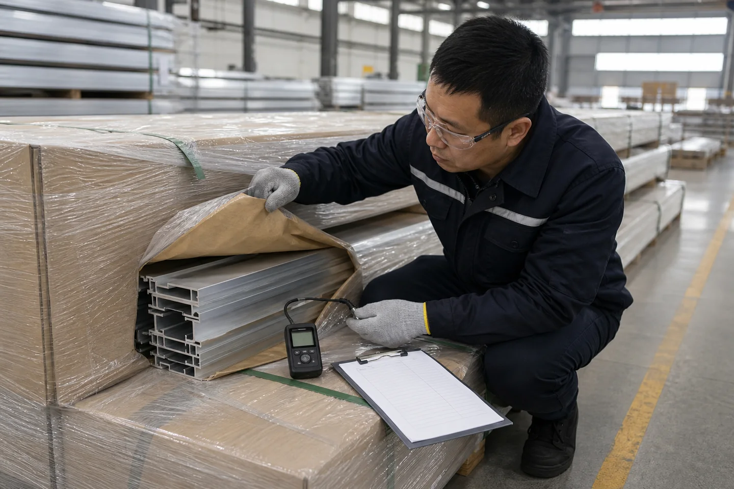 仓库质检人员检查铝型材包装、表面状态与温湿度